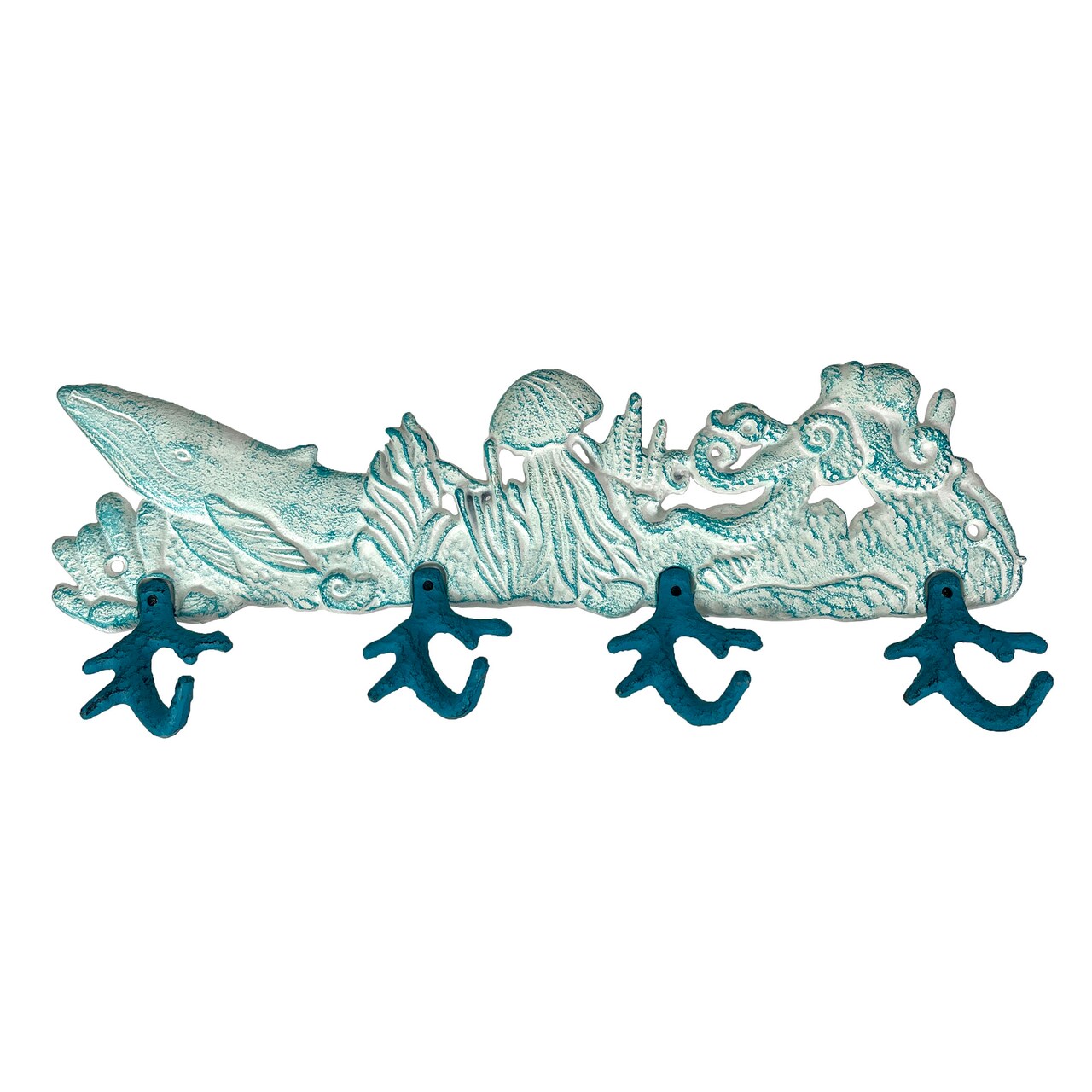 Cast Iron Sealife Plaque with Coral Hooks - Coastal Wall Decor